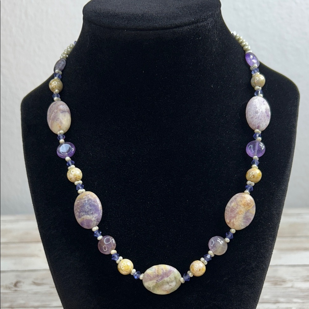 Purple Jasper with Green Jasper Inclusion and Amethyst Necklace